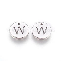 304 Stainless Steel Charms,  Flat Round with Letter, Stainless Steel Color, Letter.W, 10x1mm, Hole: 1mm