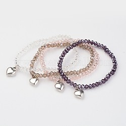 Perlas de vidrio estiran las pulseras, con la aleación de los charms del corazón, color mezclado, 41 mm (1-5/8 pulgadas)
