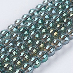 FilI di perline in vetro placcato, pieno arcobaleno placcato, tondo, blu cadetto, 8~8.5mm, Foro: 1 mm, circa 52~54pcs/filo, 15.5 pollice~15.7 pollici