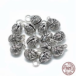 Thailand 925 Sterling Silver Bell Charms, with Jump Ring, Teardrop with Lotus, Antique Silver, 15x9x9mm, Hole: 4mm