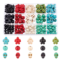 ARRICRAFT 190pcs 15 Style Synthetic Turquoise Beads Strands, Dyed, Skull & Tortoise & Round, Mixed Color, 8~18x8~14x6~11mm, Hole: 1mm, 200pc/box