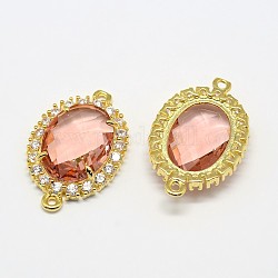 Golden Plated Brass Faceted Glass Oval Links Connectors, with Micro Pave Cubic Zirconia, PeachPuff, 29x18x6mm, Hole: 1mm
