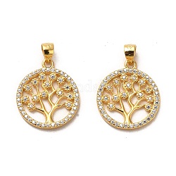 925 Sterling Silver Pendant, with Cubic Zirconia, Flat Round with Tree of Life Charms, with 925 Stamp, Real 18K Gold Plated, 17.5x15x1.6mm, Hole: 4x3mm