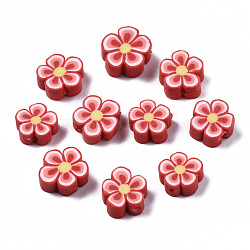 Handmade Polymer Clay Beads, Flower, Red, 7~10x7~11x3~5mm, Hole: 1.6mm