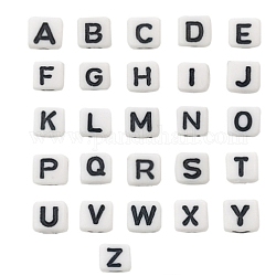 不透明なアクリルビーズ  ホワイト  アルファベットでキューブ  a～zの文字  ブラック  6x6x6mm