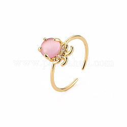 Brass Micro Pave Clear Cubic Zirconia Cuff Rings, Open Rings, with Cat Eye, Octopus, Cadmium Free & Nickel Free & Lead Free, Pink, Real 16K Gold Plated, US Size 7 1/4(17.5mm)