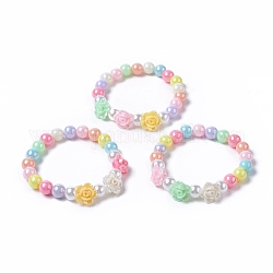 Kinder Acryl Perlen Stretch Armbänder, mit runder umweltfreundlicher Kunststoffimitatperle und Blume ab farbigem opakem Acryl, Mischfarbe, 1-5/8 Zoll (4 cm)