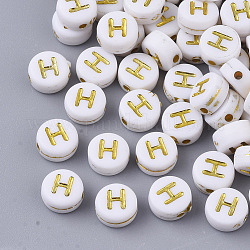 Plating Acrylic Beads, Golden Metal Enlaced, Horizontal Hole, Flat Round with Alphabet, White, Letter.H, 7x3.5mm, Hole: 1.2mm, about 3600pcs/500g