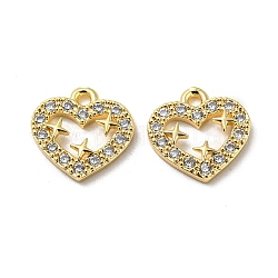 Brass Micro Pave Clear Cubic Zirconia Charms, Heart with Star, Real 18K Gold Plated, 11.5x11.5x2mm, Hole: 1.2mm