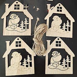 Décorations de pendentifs en bois non finis, avec une corde de chanvre, pour les décorations de Noël, maison, 7.8x7 cm, 10 pcs /sachet 