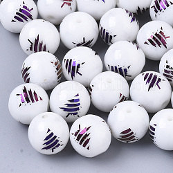 Christmas Opaque Glass Beads, Round with Electroplate Christmas Tree Pattern, Purple Plated, 10mm, Hole: 1.2mm