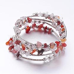 Cinque anelli avvolgono braccialetti di perline di corniola (tinti)., con schegge di cristallo perline e perle di ferro spacer, rosso, 2 pollice (52 mm)