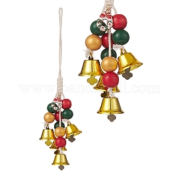 Weihnachtsthema-Schima-Holzperlen-Anhängerdekorationen, Eisenglocken-Windspiel mit geflochtener Baumwollschnur zum Aufhängen, Farbig, 225 mm