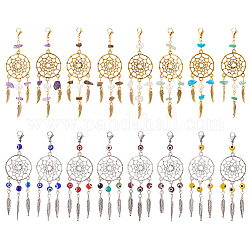 Nbeads 16Pcs 2 Style Woven Web/Net with Feather Alloy Pendant Decoration, Handmade Evil Eye Lampwork Beads & Gemstone Chip Beaded, with Lobster Claw Clasps, Mixed Color, 93mm, 8pcs/style