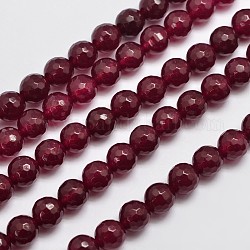 Chapelets de perles en jade de Malaisie naturelle, imitation rubis, ronde, teinte, facette, rouge foncé, 8mm, Trou: 1.0mm, Environ 46 pcs/chapelet, 14.5 pouce