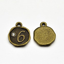 Placcati bronzo antico in lega di fascini di strass, piatta e rotonda con num. 6, nichel libero, 13x10x1.5mm, Foro: 1 mm