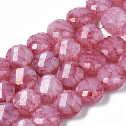 Opaque Baking Painted Crackle Glass Beads Strands, Flat Round, Faceted, Indian Red, 8x5mm, Hole: 1.2mm, about 51pcs/strand, 15.47 inch~5.67 inch(39.3cm~39.8cm)