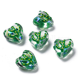Fili di perline smaltate a lume fatte a mano, cuore con cactus, verde, 13.5x14x8~9mm, Foro: 1.2 mm, circa 30pcs/filo