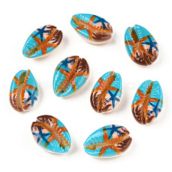Printed Cowrie Shell Beads, No Hole/Undrilled, Starfish/Sea Stars Pattern, Colorful, 17.5~21.5x12~14.5x5.5~7.5mm