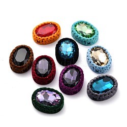 Coser flocky en rhinestone, Diamantes de imitación de cristal, con fornituras de latón flocado, accesorios de prendas de vestir, oval, color mezclado, 28x21.5x8.5mm, agujero: 1.6 mm