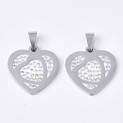 201 Stainless Steel Pendants, with Random Size Snap On Bails and Polymer Clay Crystal Rhinestones, Heart, Stainless Steel Color, 20x20x2.5mm, Hole: 7~10x3~5mm