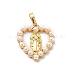 Colgantes de perlas de imitación de plástico, con fornituras de latón chapado en cremallera, Plateado de larga duración, corazón con amuleto de santo, real 18k chapado en oro, 25x18.5x4mm, agujero: 6x3 mm
