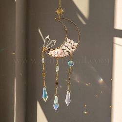 Fenêtre en verre en forme de larme, avec éclats de quartz rose naturel et pendentifs soleil en métal décorations ornements, lune, 470mm