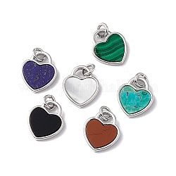 Natural Mixed Stone Heart Charms, with Rack Plating Platinum Tone Brass Findings, Cadmium Free & Lead Free, 14x12x2mm, Hole: 3mm