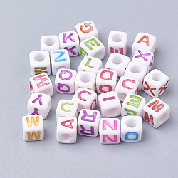 Large Hole Colorful Acrylic Letter European Beads, Horizontal Hole, Cube with Letter, Random Mixed Letters, 7x7x7mm, Hole: 4mm, about 1144pcs/500g