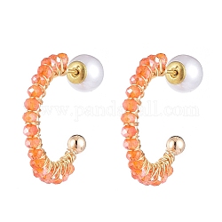Brass Stud Earrings, with Electroplate Glass Beads  and Acrylic Pearl Ear Nuts, Orange Red, 30x25.5x4mm