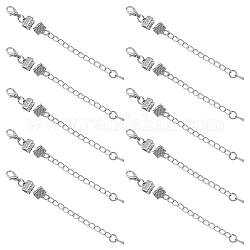 10 Set Eisenkettenverlängerung, mit Bandenden und Karabinerverschlüssen aus Legierung und Tropfenanhängern, Platin Farbe, 33 mm