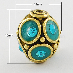 Handmade Indonesia Beads, with Rhinestones and Alloy Cores, Oval, Antique Golden, Aquamarine, 13x11mm, Hole: 1.5mm