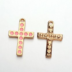 Licht vergoldete Legierung Emaille Kreuz Anhänger, rosa, 27x18x2 mm, Bohrung: 2 mm