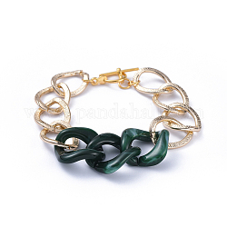 Chain Bracelets, with Aluminum Curb Chains, Acrylic Linking Rings and Alloy Toggle Clasps, Light Gold, Dark Green, 7-5/8 inch(19.5cm)
