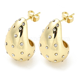 Real 18K Gold Plated Brass Micro Pave Cubic Zirconia Stud Earrings, Teardrop, Clear, 26x16.5mm