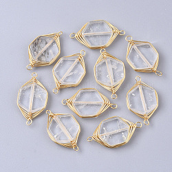 Connecteurs de liens en cristal de quartz naturel, cristal de roche, liens enroulés, avec fils en laiton doré, hexagone, 23x12x4mm, Trou: 1.5mm