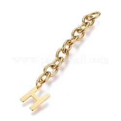 304 extensor de cadena de acero inoxidable, con cadena de cable y dijes de letras, dorado, letter.h, 67.5mm, link: 8x6x1.3 mm, letra h: 11x9x0.7mm