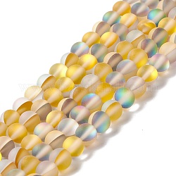 Chapelets de perles en pierre de lune synthétique, mat, ronde, verge d'or, 6mm, Trou: 1mm, Environ 60~64 pcs/chapelet, 14.76''~15.55'' (37.5~39.5 cm)