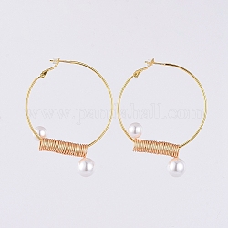 (Jewelry Parties Factory Sale)Brass Hoop Earrings, with ABS Plastic Imitation Pearl Beads, Copper Wire and Cardboard Packing Box, Golden, 45mm, Pin: 0.6mm