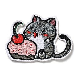 Gato con apliques de tarta de fresa, Tela de bordado computarizada para planchar / coser parches, accesorios de vestuario, gris, 59x73x1.5mm