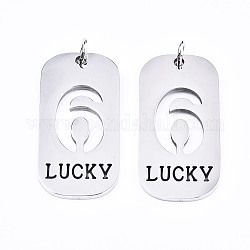 201 Stainless Steel Pendants, Laser Cut, with Jump Rings, Rectangle with Number and Word LUCKY, Stainless Steel Color, Num.6, 35x17x1.5mm, Jump Ring: 6x1mm, Inner Diameter: 4mm
