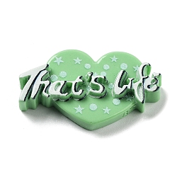 Cabujones de resina y plástico opacos, corazón con palabra que es vida, verde lima, 20x34.5x6.5mm