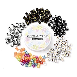 Kits de fabrication de bijoux de bracelet de bricolage, y compris le cube avec des perles acryliques plaquées par lettre initiale aléatoire, Fil cristal, fil élastique, couleur mixte, 6x6x6mm, Trou: 3.5mm