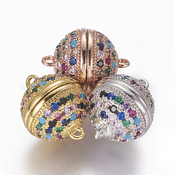 Brass Micro Pave Cubic Zirconia Magnetic Clasps with Loops, Round, Colorful, Mixed Color, 16.5x12.5mm, Hole: 1.4mm