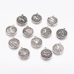 Pendentifs en alliage de style tibétain, plat rond avec constellation / signe du zodiaque, argent antique, mixte, 19x16x2mm, Trou: 1.5mm