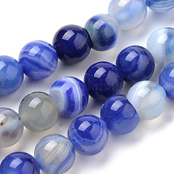 Natural Striped Agate/Banded Agate Beads Strands, Dyed, Round, Royal Blue, 6mm, Hole: 1mm, about 63pcs/strand, 14.96 inch