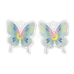 Transparent Acrylic Pendants, with Glitter Powder, Butterfly, Colorful, 37.5x33.5x1.5mm, Hole: 2.8mm