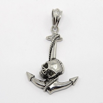 Retro Men's Halloween Jewelry 304 Stainless Steel Big Anchor with Skull Big Pendants, Antique Silver, 70x41x10mm, Hole: 12.5x8mm