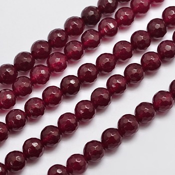 Chapelets de perles en jade de Malaisie naturelle, imitation rubis, ronde, teinte, facette, rouge foncé, 8mm, Trou: 1.0mm, Environ 46 pcs/chapelet, 14.5 pouce