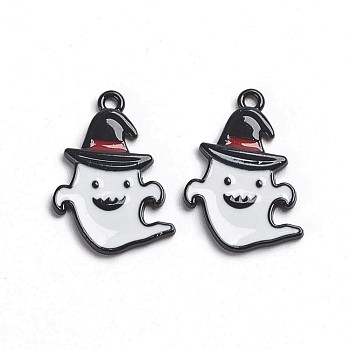 Gunmetal Plated Alloy Enamel Pendants, for Halloween, Ghost with Witch Hat, White, 25x17x2mm, Hole: 1mm